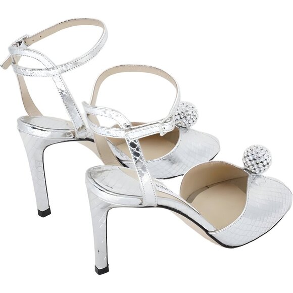Jimmy Choo Sacora Silver Crystal Ball Ankle Strap Heels Peep Toe Women's US 6.5 - Picture 3 of 6